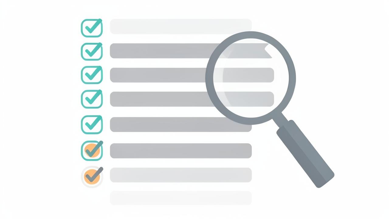Checklist with checkmarks, flagged items, and a magnifier