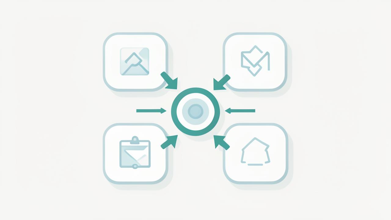 Four app tiles connected by sync arrows to a central hub