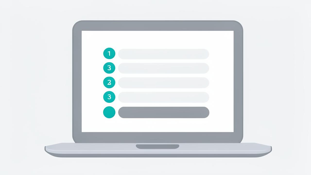 Laptop showing a numbered multi-step questionnaire with empty fields