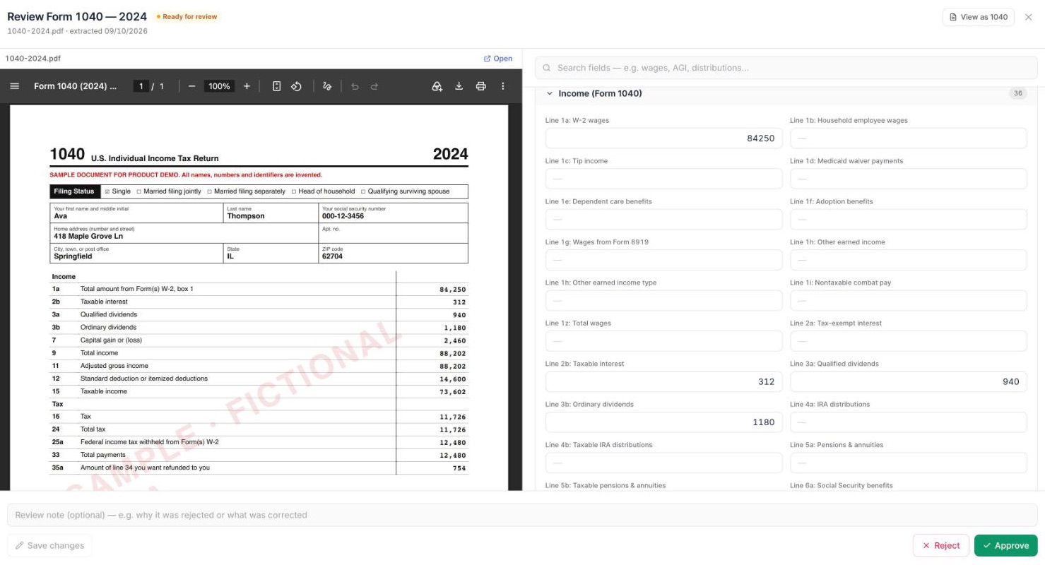 Reviewing an AI-extracted Form 1040: the uploaded return on the left and the extracted line items on the right